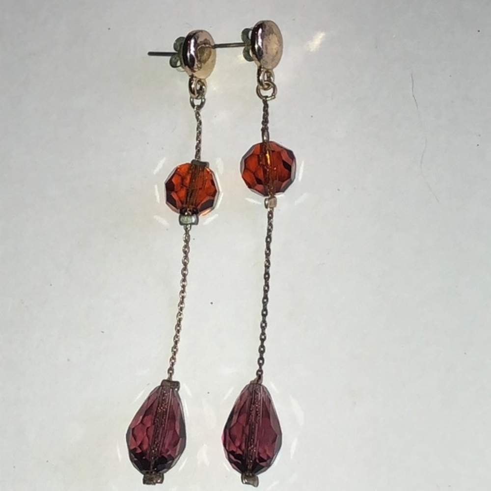 Elegant Gold Tone Amber and Burgundy Glass Beaded Boho Dangle Earrings